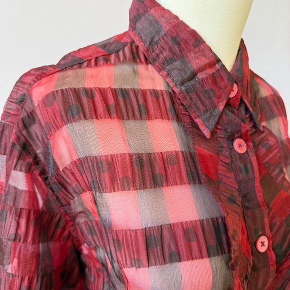 DISMERO TOP SEMI SHEER CRINKLE PLAID CHECKS RUFFLE HOLIDAY DRESSY CHIC L - Picture 8 of 10
